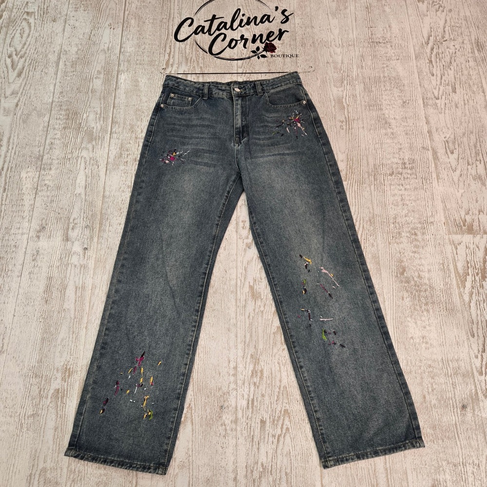 Women's Y2K Straight Boho Jeans Paint Spatter Streetwear Embroidered Size L